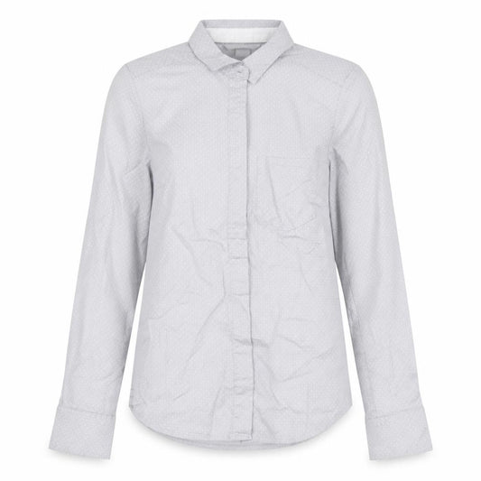 Front view of H&M women’s grey polka dot cotton basic button-up, size UK 6, collared