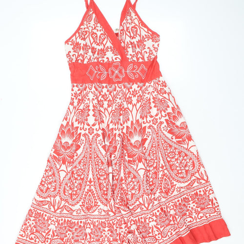 Pistachio Womens Red Geometric Cotton Tank Dress Size S V-Neck Pullover - Embroidered
