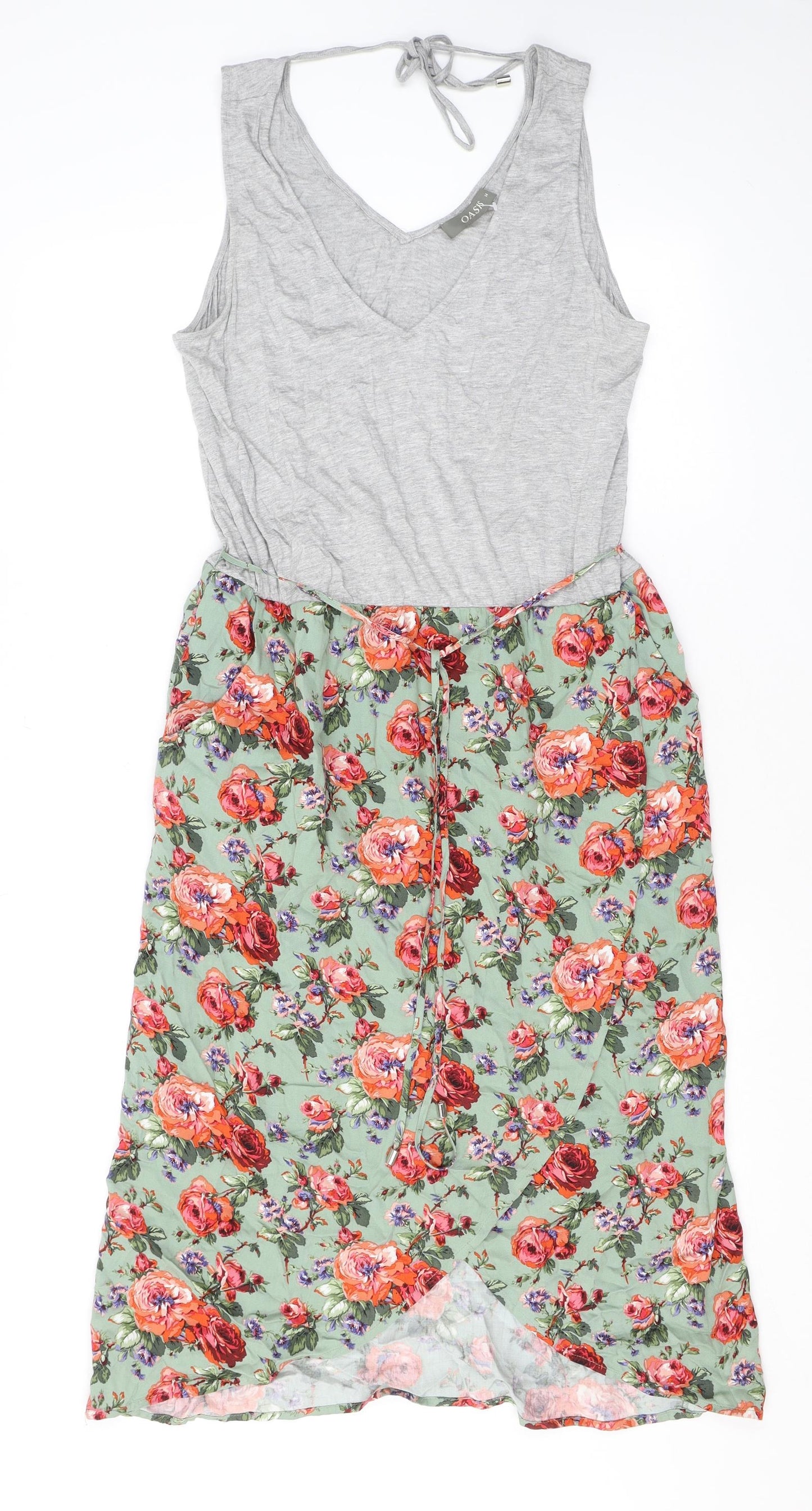 Oasis Womens Grey Floral Viscose A-Line Size 14 V-Neck Pullover - Belted, Roses