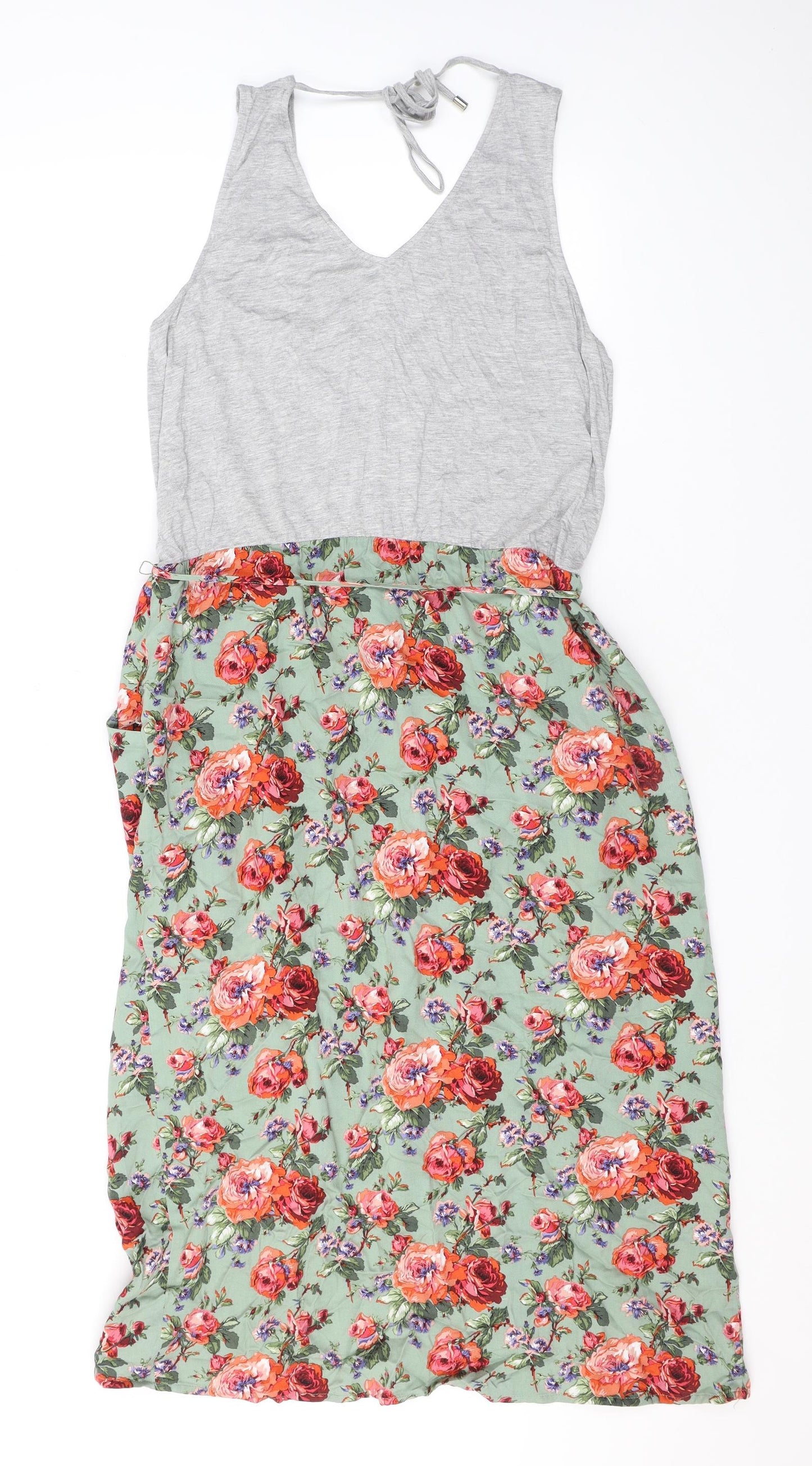Oasis Womens Grey Floral Viscose A-Line Size 14 V-Neck Pullover - Belted, Roses