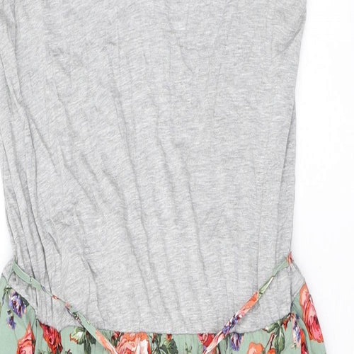 Oasis Womens Grey Floral Viscose A-Line Size 14 V-Neck Pullover - Belted, Roses