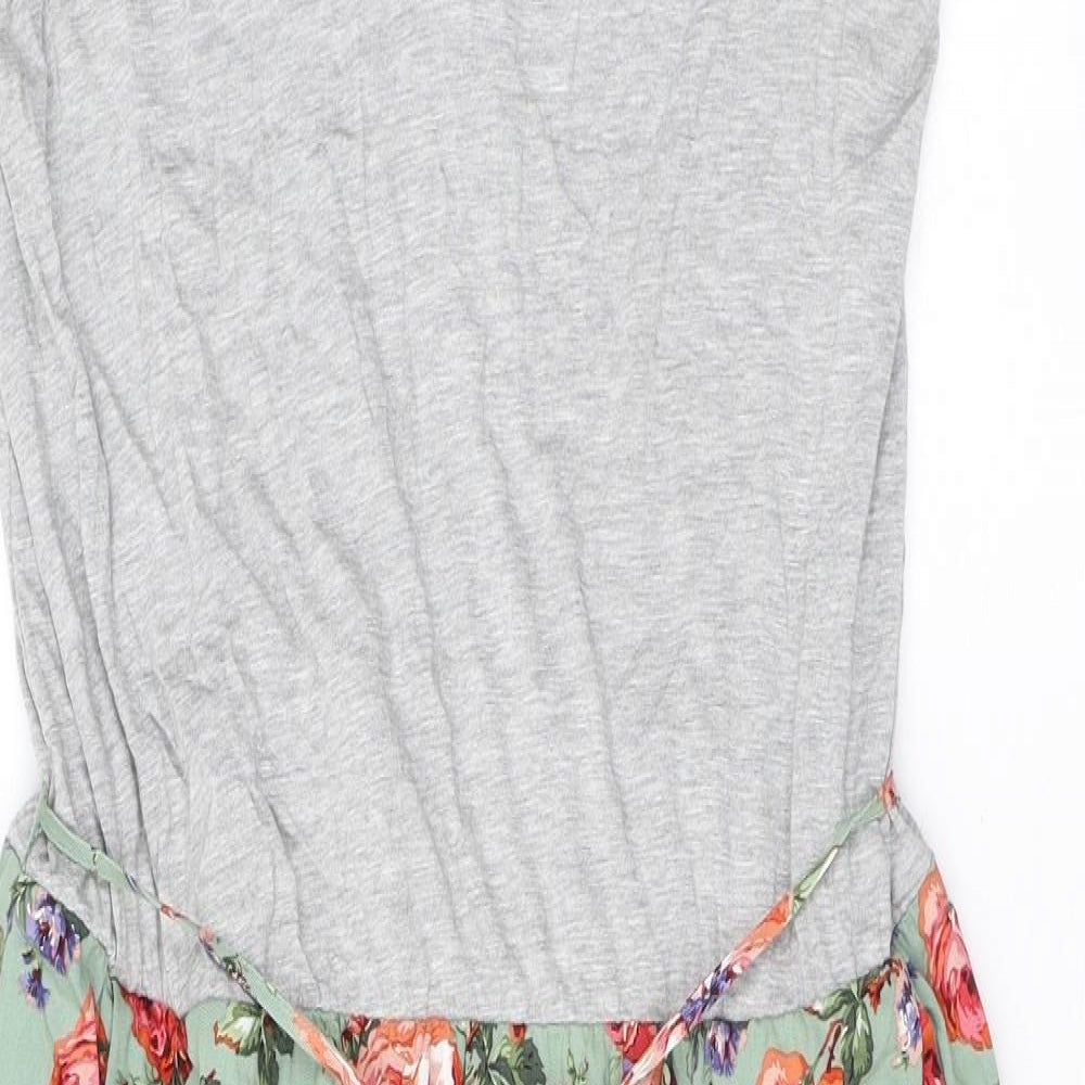 Oasis Womens Grey Floral Viscose A-Line Size 14 V-Neck Pullover - Belted, Roses