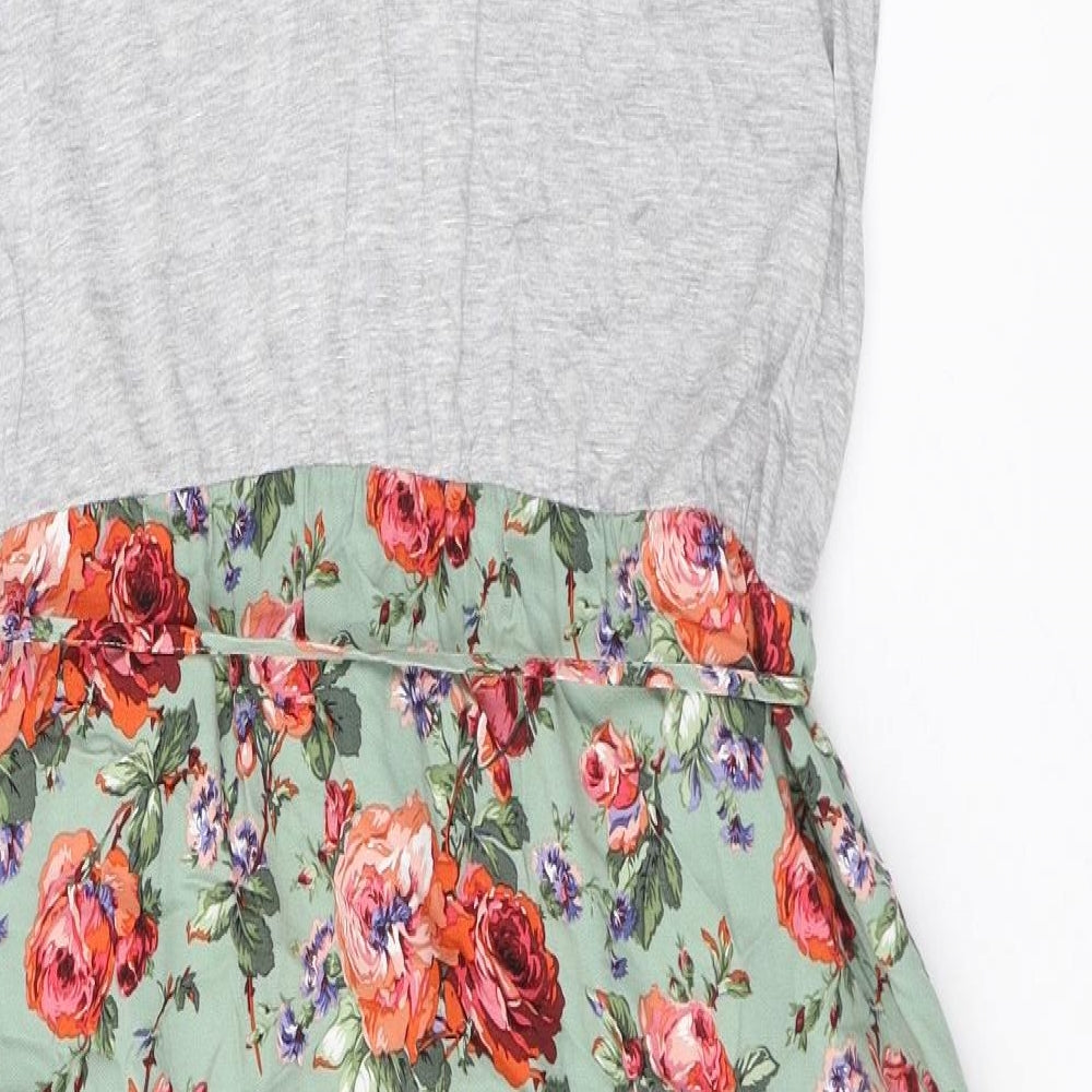 Oasis Womens Grey Floral Viscose A-Line Size 14 V-Neck Pullover - Belted, Roses