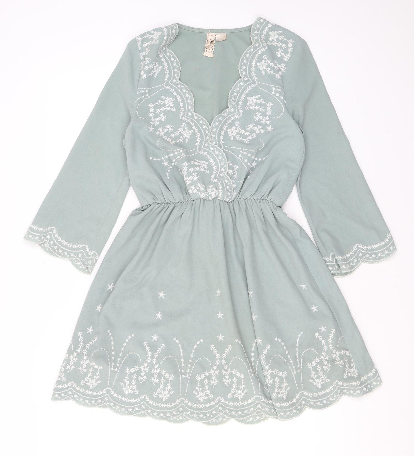 Divided by H&M Womens Green Geometric Polyester A-Line Size 4 V-Neck Pullover - Embroidered