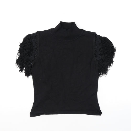 Kiss Womens Black Polyester Basic T-Shirt Size M Mock Neck - Tassles
