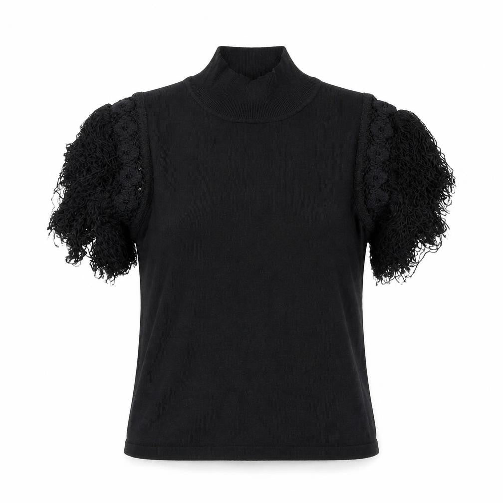 Front view of Kiss women’s black polyester basic t-shirt, size M, mock neck - tassles