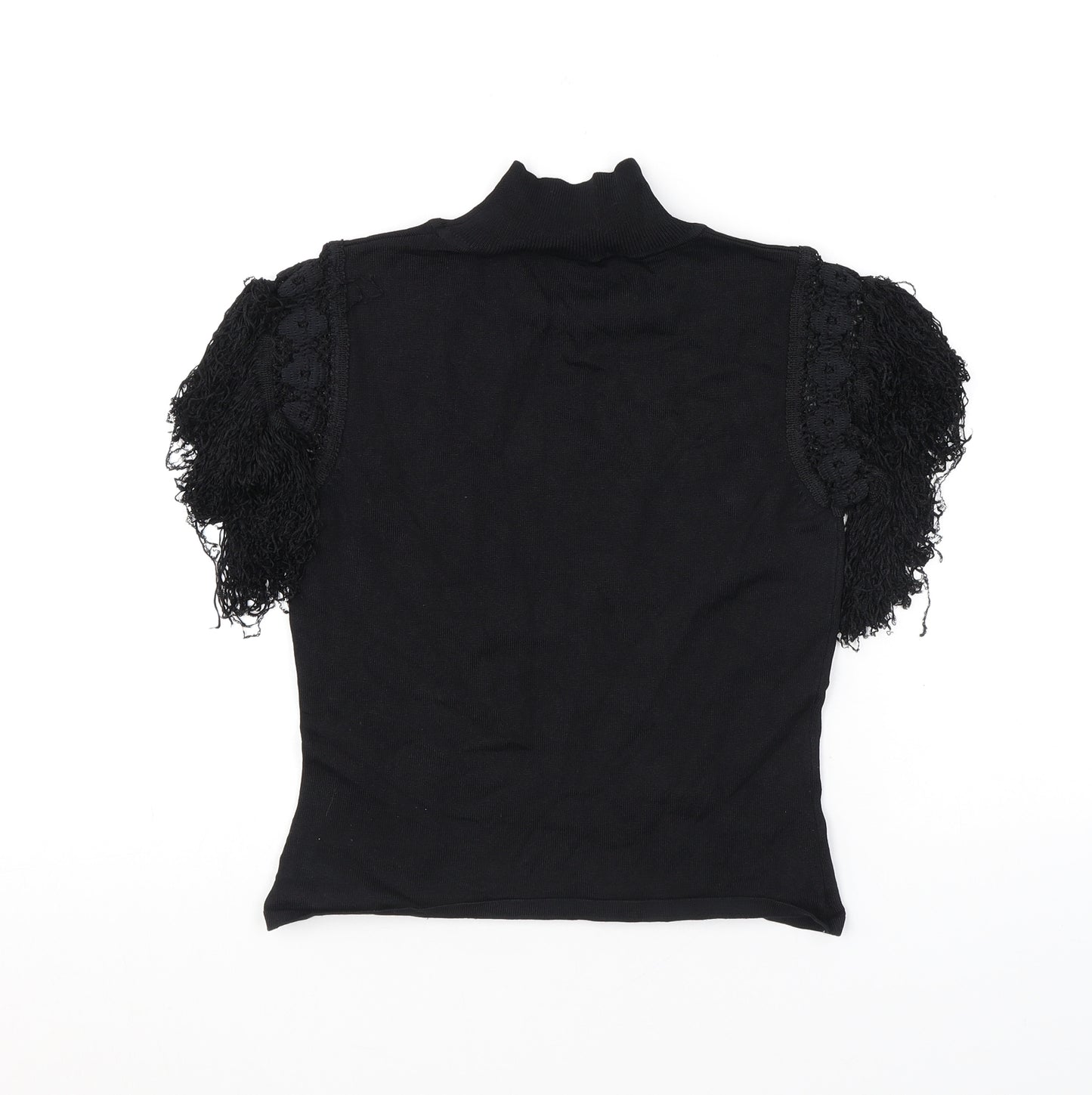 Kiss Womens Black Polyester Basic T-Shirt Size M Mock Neck - Tassles