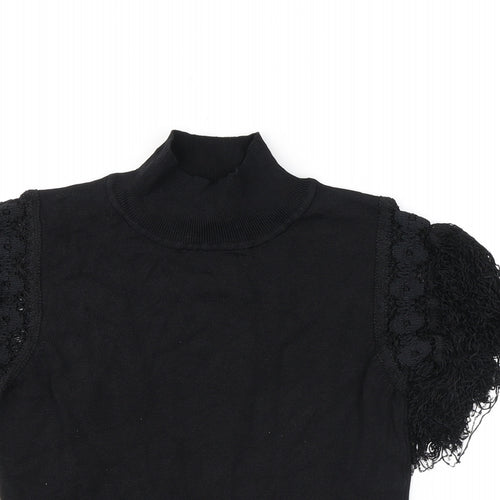Kiss Womens Black Polyester Basic T-Shirt Size M Mock Neck - Tassles