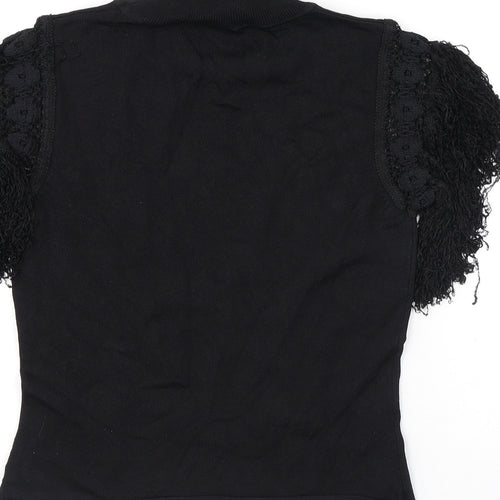 Kiss Womens Black Polyester Basic T-Shirt Size M Mock Neck - Tassles