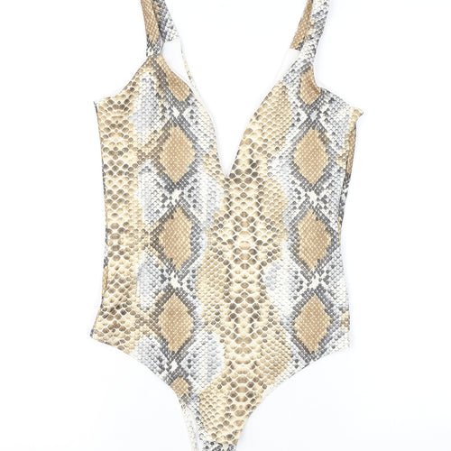 PRETTYLITTLETHING Womens Brown Animal Print Polyester Bodysuit One-Piece Size 8 L10 in Snap - Snake Skin Print