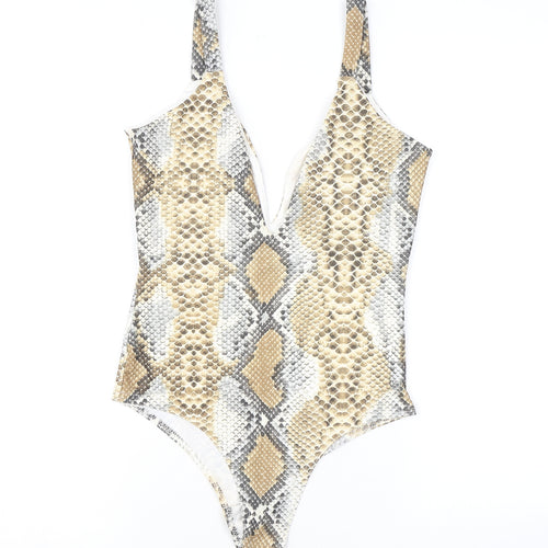PRETTYLITTLETHING Womens Brown Animal Print Polyester Bodysuit One-Piece Size 8 L10 in Snap - Snake Skin Print