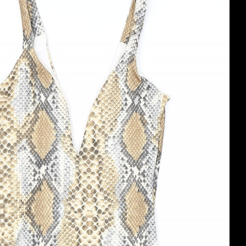 PRETTYLITTLETHING Womens Brown Animal Print Polyester Bodysuit One-Piece Size 8 L10 in Snap - Snake Skin Print