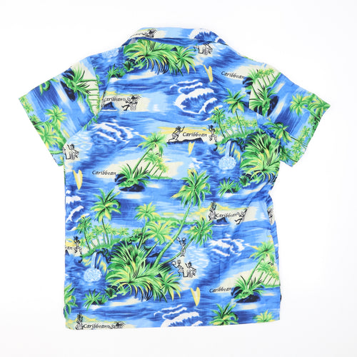 Lotus Mens Blue Geometric Polyester Button-Up Size M Collared Button - Hawaiian shirt, Caribbean, Cayman Islands