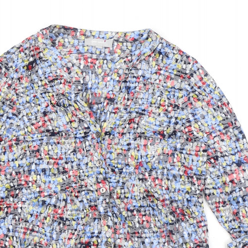 Marks and Spencer Womens Blue Geometric Cotton Basic Button-Up Size 12 V-Neck
