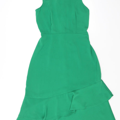 Warehouse Womens Green Polyester A-Line Size 8 Mock Neck Zip - Ruffles, Open Back