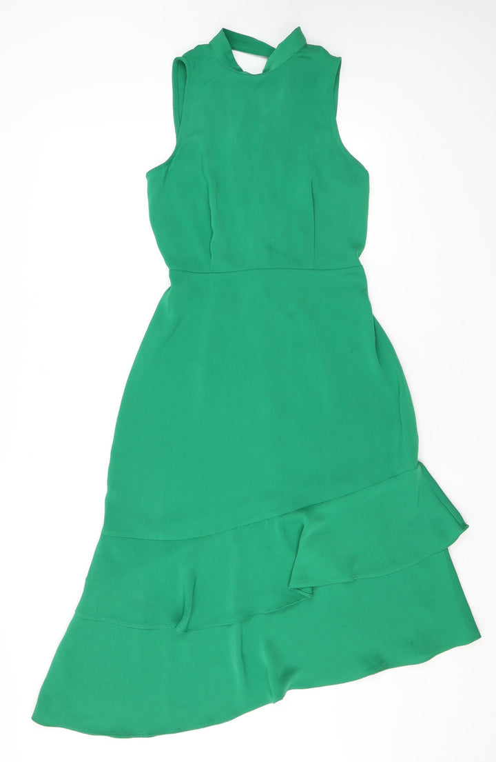 Warehouse Womens Green Polyester A-Line Size 8 Mock Neck Zip - Ruffles, Open Back