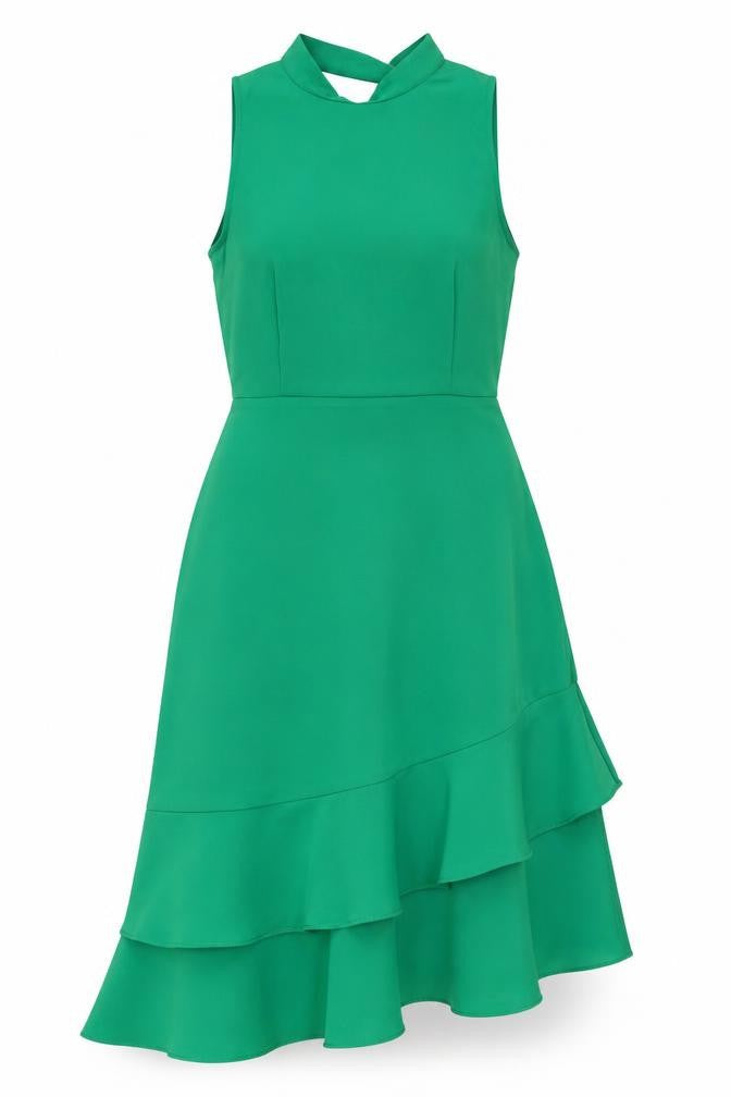 Front view of Warehouse women’s green polyester a-line, size UK 8, mock neck zip - ruffles, open back