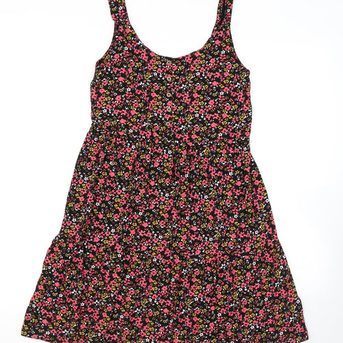 NEXT Womens Black Floral Viscose Skater Dress Size 6 Scoop Neck Pullover