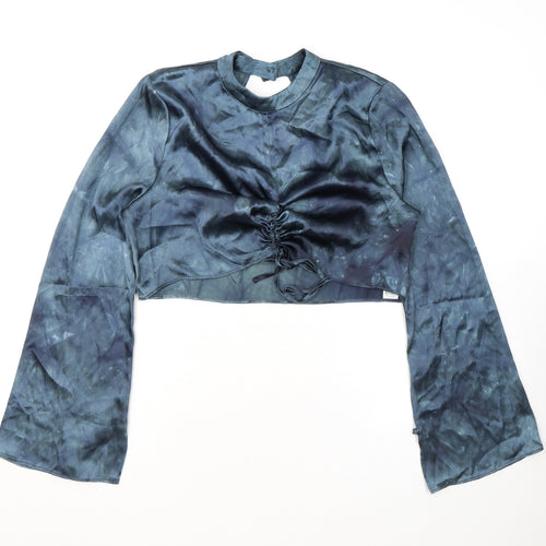 Topshop Womens Blue Polyester Cropped Blouse Size 12 Mock Neck - Ruched Detail