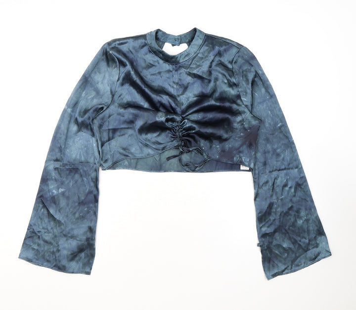 Topshop Womens Blue Polyester Cropped Blouse Size 12 Mock Neck - Ruched Detail