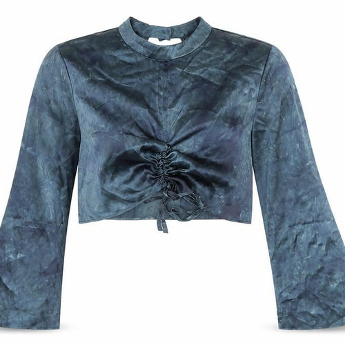 Topshop Womens Blue Polyester Cropped Blouse Size 12 Mock Neck - Ruched Detail