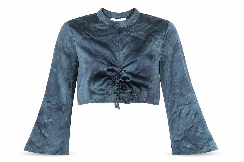 Topshop Womens Blue Polyester Cropped Blouse Size 12 Mock Neck - Ruched Detail