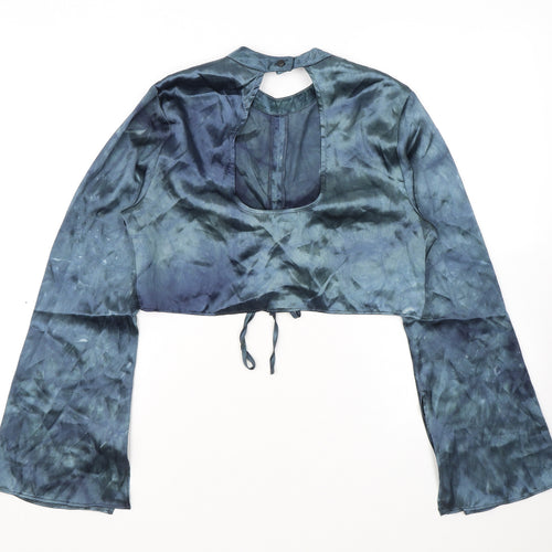 Topshop Womens Blue Polyester Cropped Blouse Size 12 Mock Neck - Ruched Detail