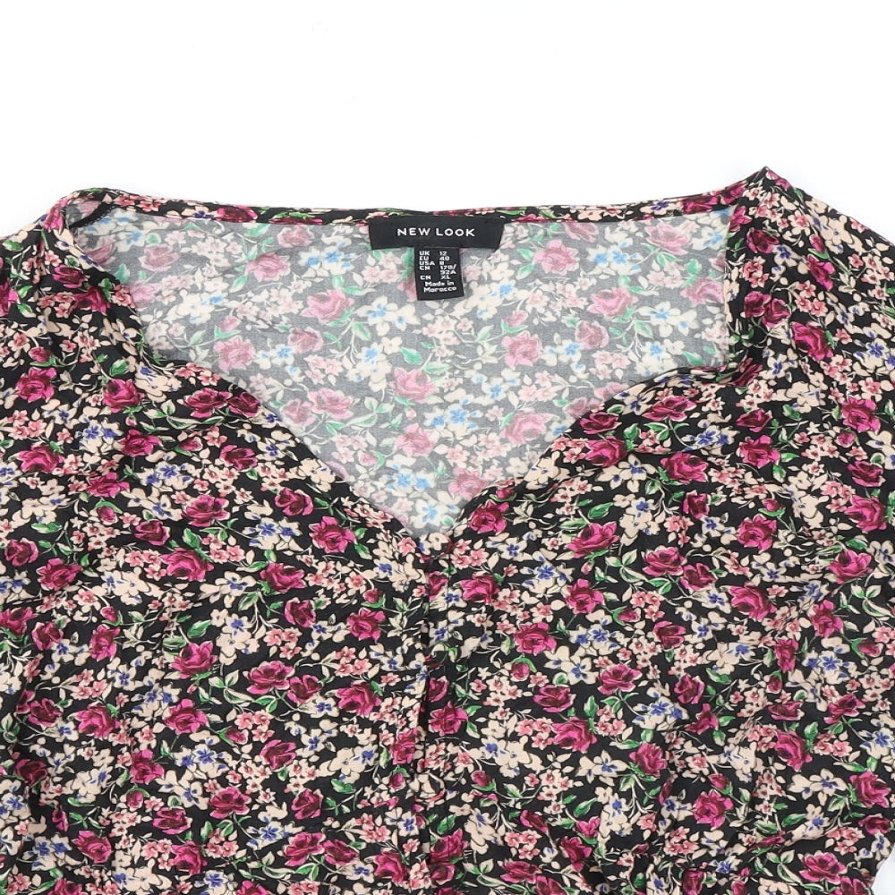 New Look Womens Pink Floral Viscose Basic Button-Up Size 12 V-Neck
