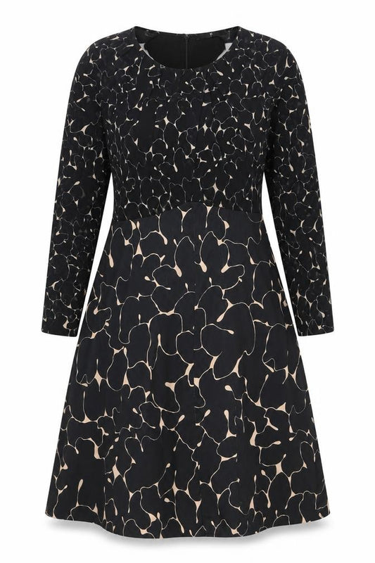 Front view of Very women’s black geometric polyester a-line, size UK 12, round neck zip