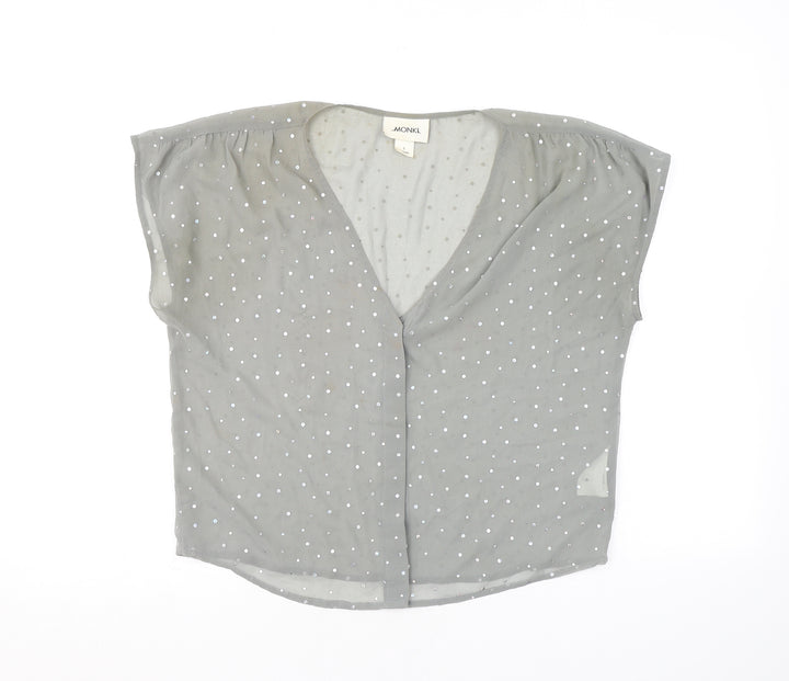 Monki Womens Grey Polka Dot Polyester Basic Button-Up Size S V-Neck - Diamanté Sheer