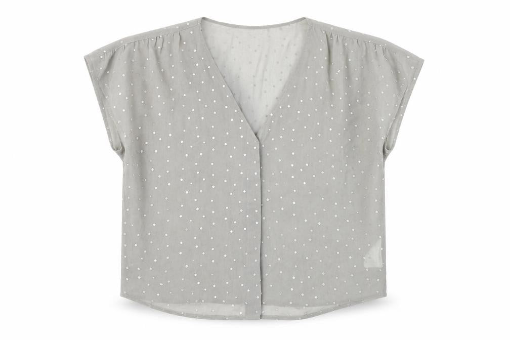 Monki Womens Grey Polka Dot Polyester Basic Button-Up Size S V-Neck - Diamanté Sheer