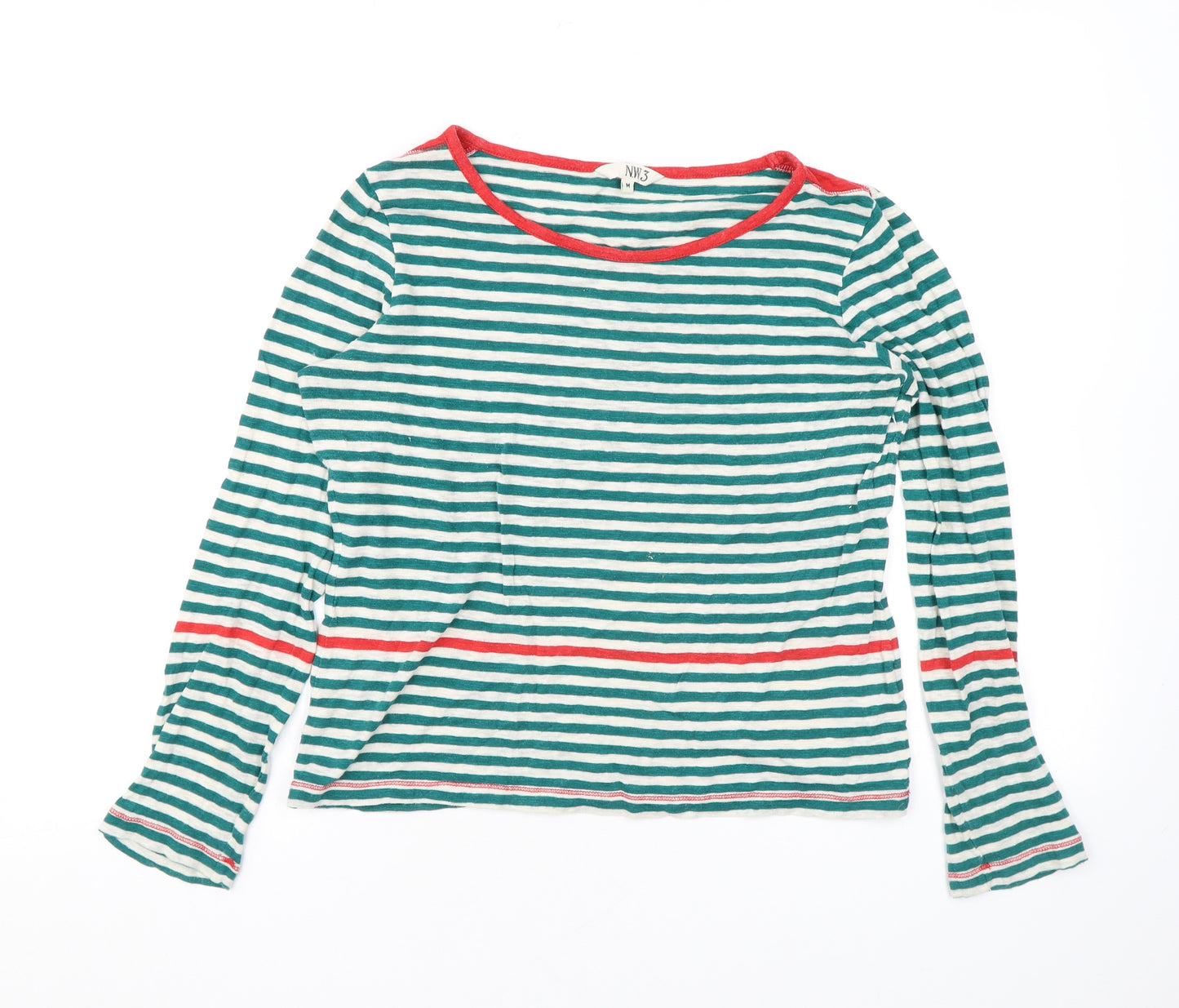 NW3 Womens Green Striped Cotton Basic T-Shirt Size M Boat Neck