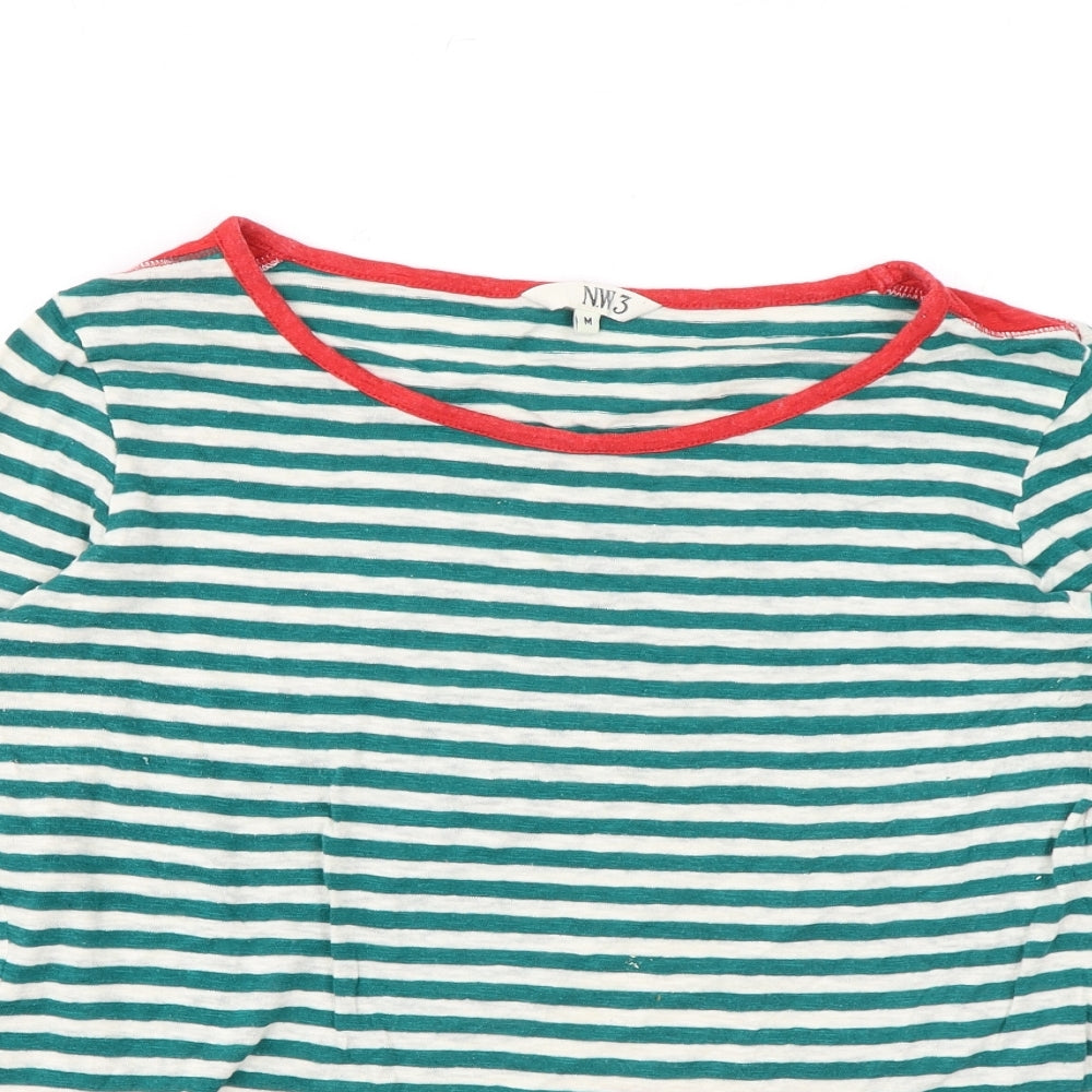 NW3 Womens Green Striped Cotton Basic T-Shirt Size M Boat Neck