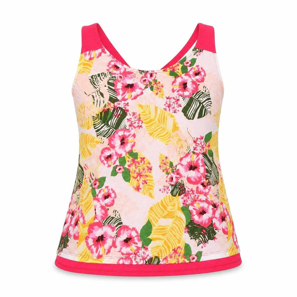 Front view of Avon women’s pink floral polyester basic tank, size UK 10, scoop neck