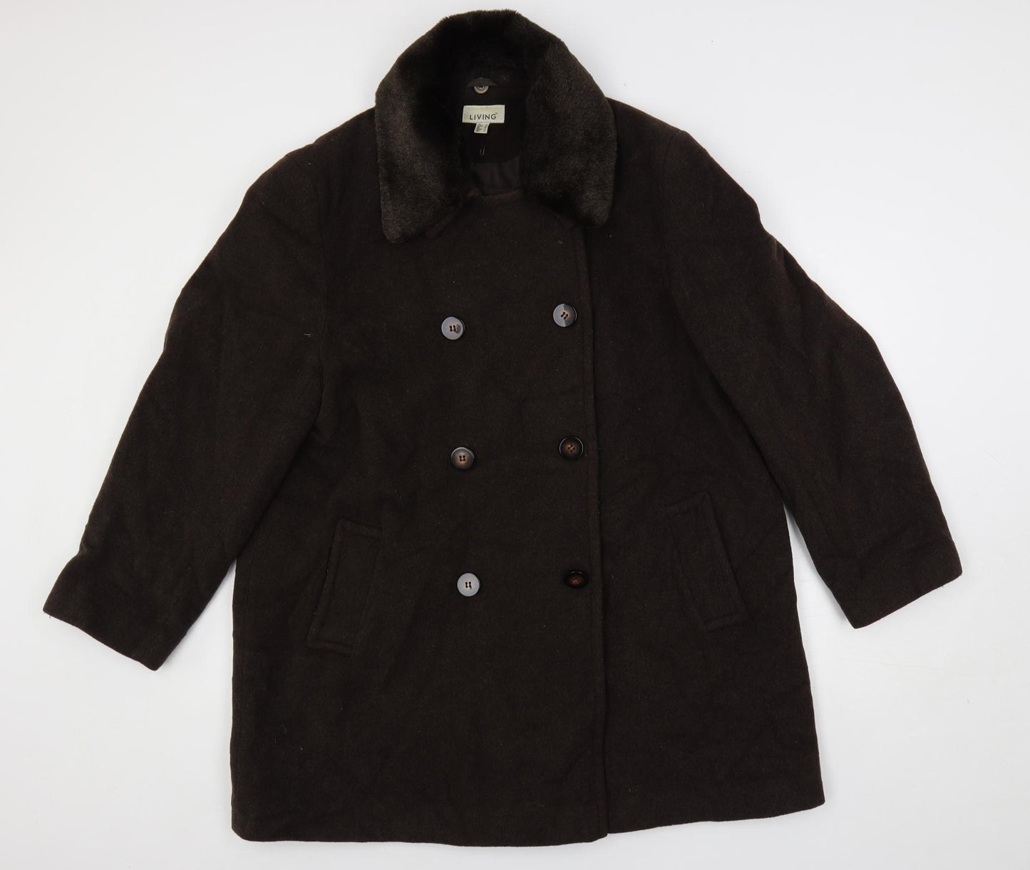 Living Womens Brown Pea Coat Coat Size 18 Button - Faux Fur Collar