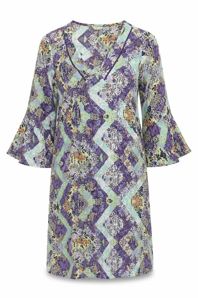 Front view of Indigo women’s multicoloured floral modal a-line, size UK 8, v-neck pullover