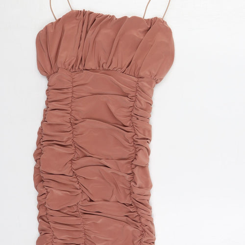 Silk Womens Pink Polyester Bodycon Size 8 Square Neck Pullover - Ruched