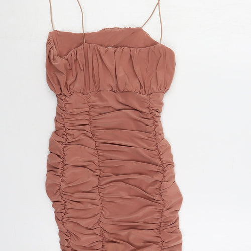 Silk Womens Pink Polyester Bodycon Size 8 Square Neck Pullover - Ruched