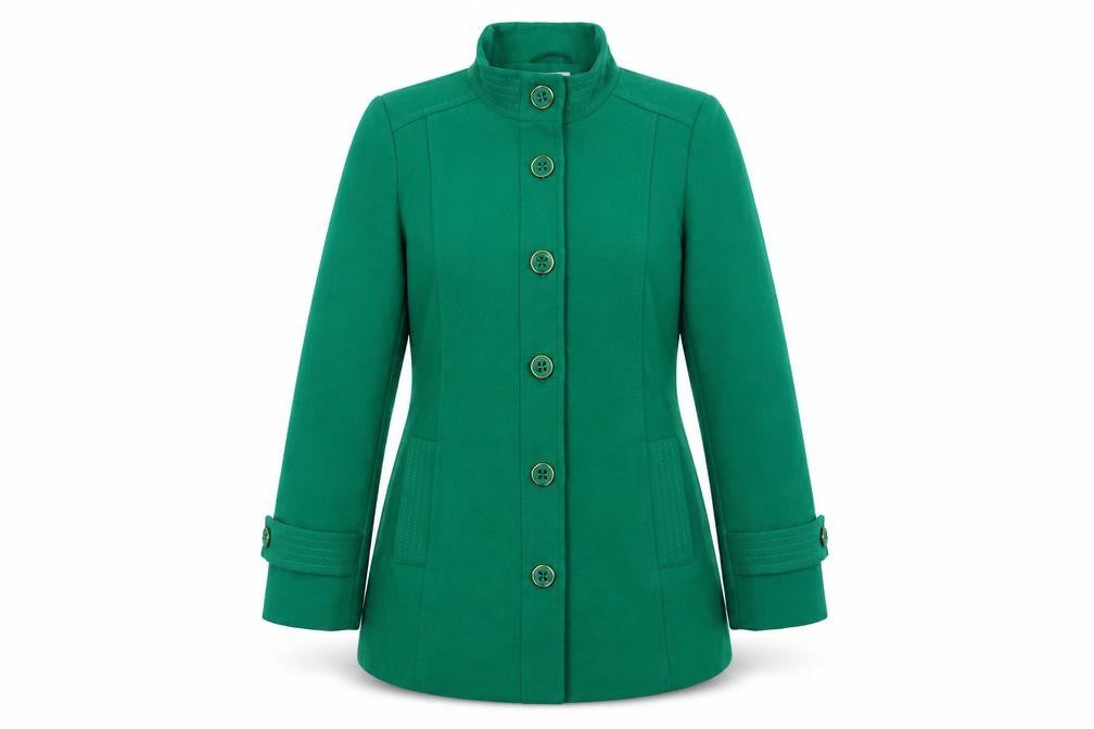 Front view of Classics women’s green pea coat coat, size UK 12, button