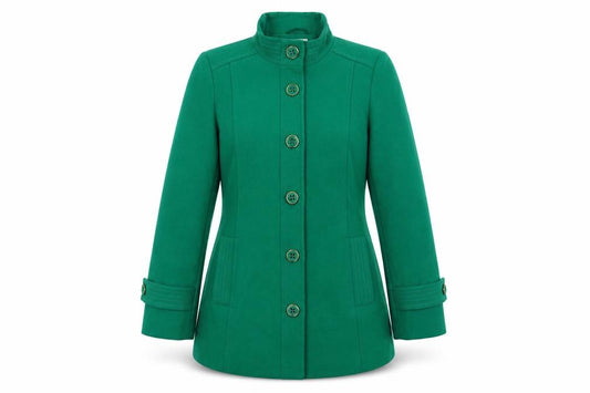 Front view of Classics women’s green pea coat coat, size UK 12, button