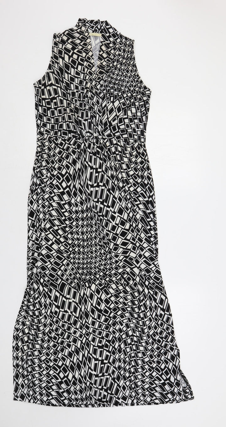 QED London Womens Black Geometric Polyester Maxi Size S V-Neck Pullover