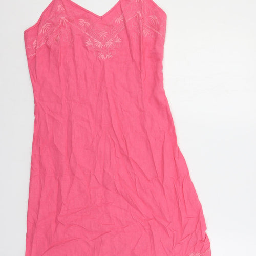 Naveau Edition Womens Pink Linen Slip Dress Size 12 V-Neck Pullover - Embroidered