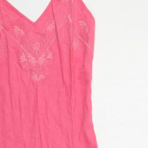 Naveau Edition Womens Pink Linen Slip Dress Size 12 V-Neck Pullover - Embroidered