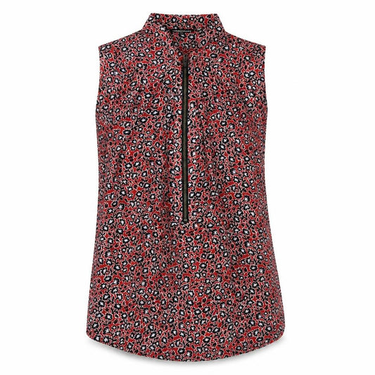 Front view of Warehouse women’s red floral polyester basic blouse, size UK 6, collared