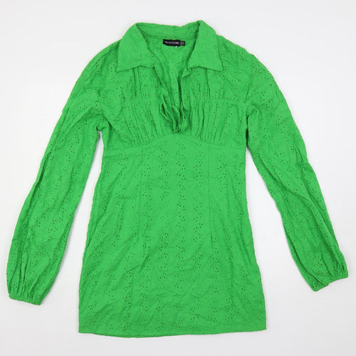 PRETTYLITTLETHING Womens Green Cotton Mini Size 10 Collared Zip - Broderie Anglaise
