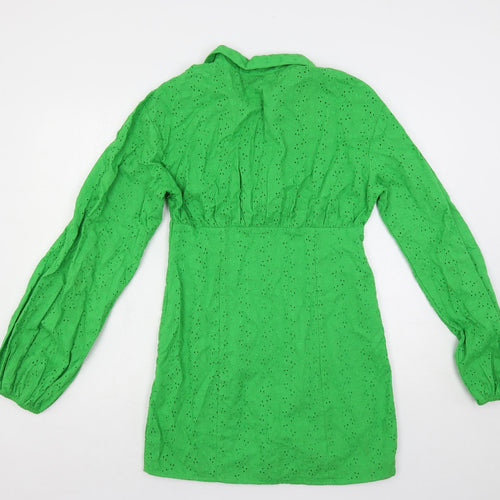 PRETTYLITTLETHING Womens Green Cotton Mini Size 10 Collared Zip - Broderie Anglaise
