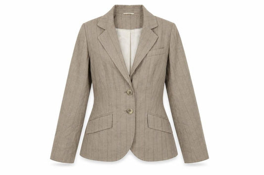 Front view of Next women’s beige striped jacket blazer, size UK 10, button