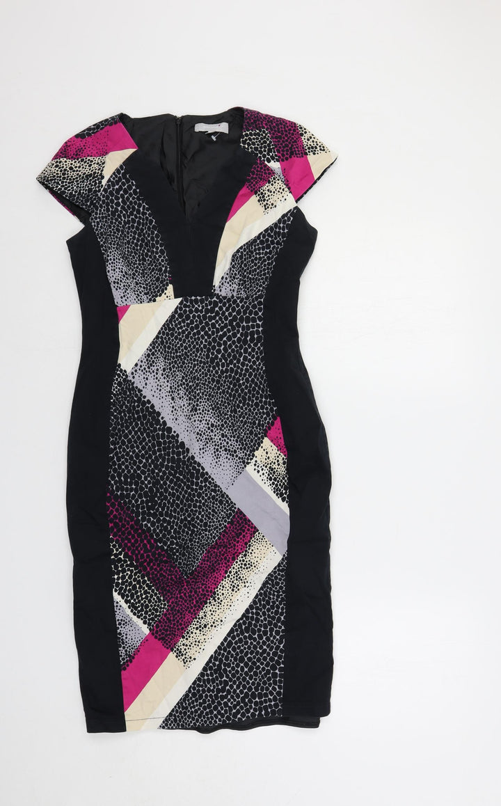 Per Una Womens Blue Geometric Cotton Pencil Dress Size 8 V-Neck Zip