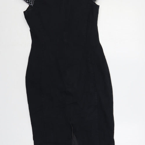 Per Una Womens Blue Geometric Cotton Pencil Dress Size 8 V-Neck Zip