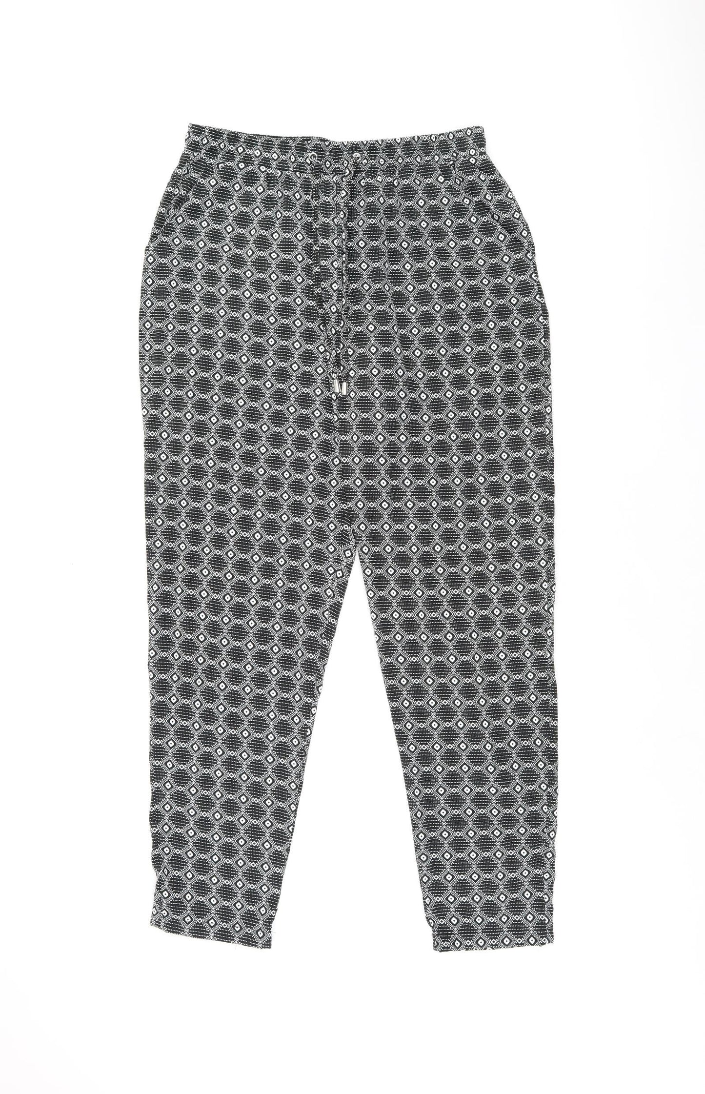 New Look Womens Black Geometric Polyester Trousers Size 12 L27.5 in Regular Drawstring